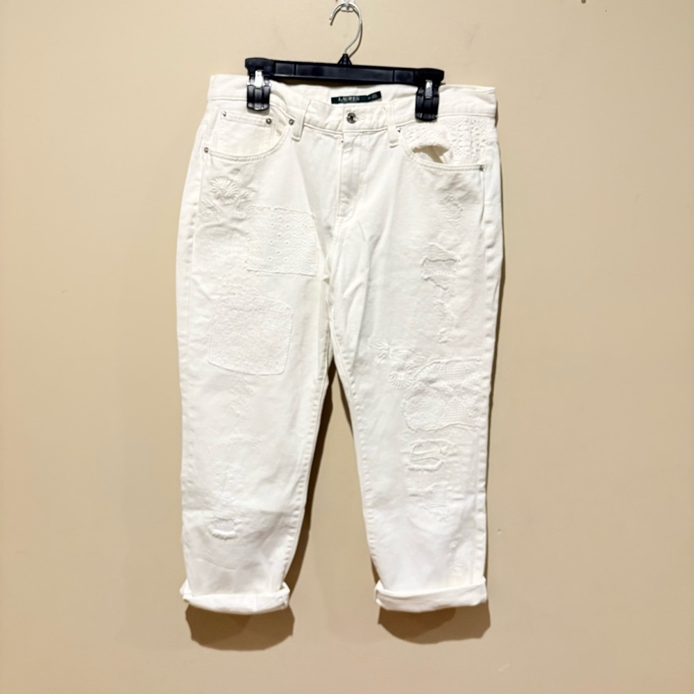 Ralph Lauren Women's white eyelet patchwork embroidered floral Jeans size 12